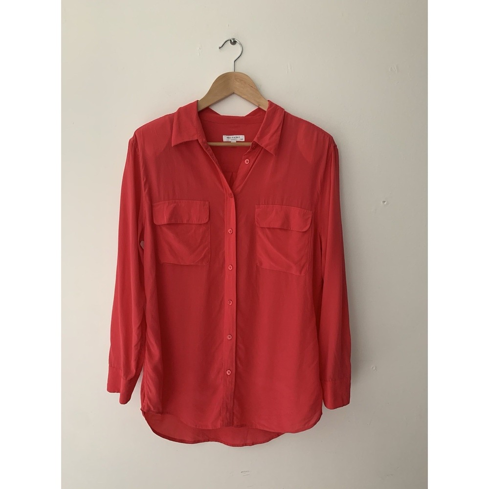 Equipment Femme Silk Blouse Button up L Red/Pink Shoulderpads Quiet Luxury